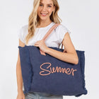 Embroidered Summer Canvas Tote Bag, Frayed Fringe Beach, Boho Shoulder Bag