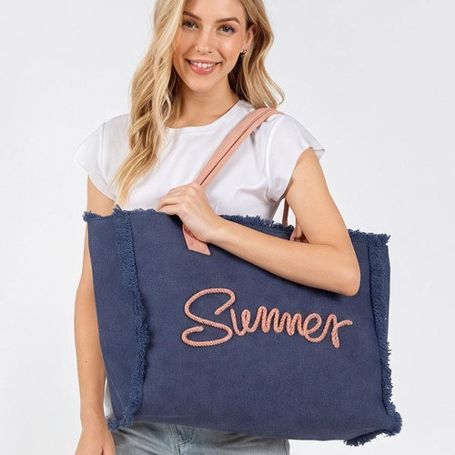 Embroidered Summer Canvas Tote Bag, Frayed Fringe Beach, Boho Shoulder Bag