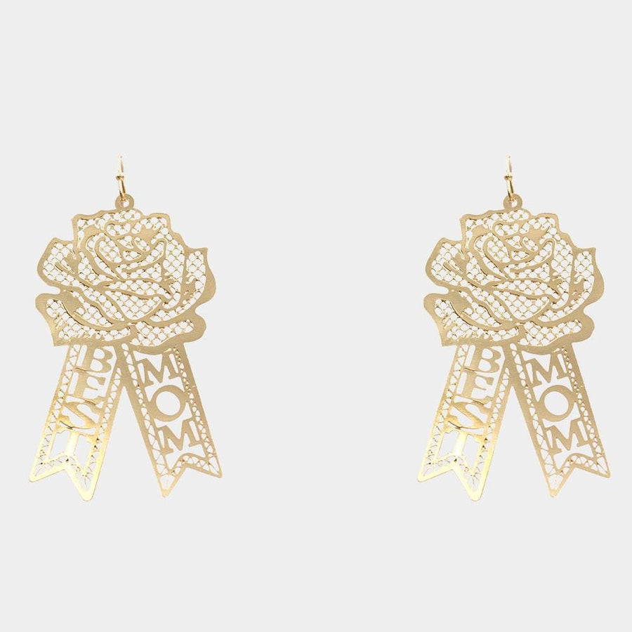 Brass Rose Flower Drop Earrings, "MOM" Dangle Jewelry, Gift for Mother