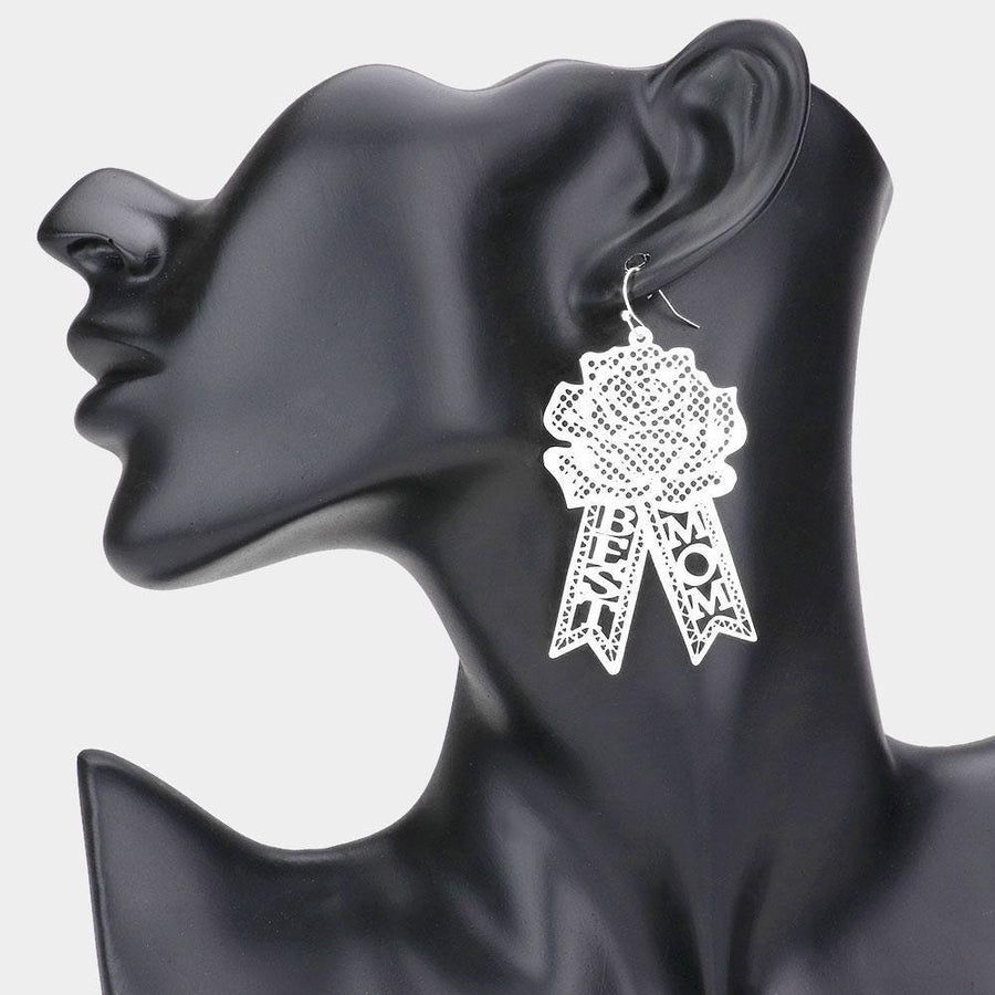 Brass Rose Flower Drop Earrings, "MOM" Dangle Jewelry, Gift for Mother