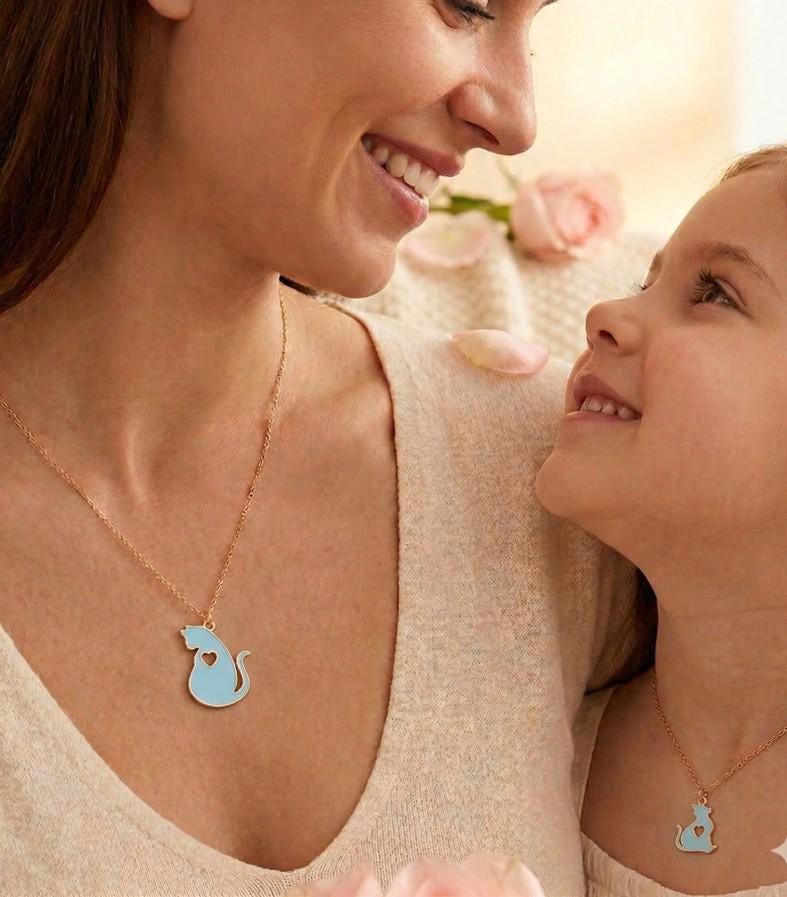 Matching Mom and Child Cat Enamel Pendant Necklace Set, Mother Daughter Jewelry