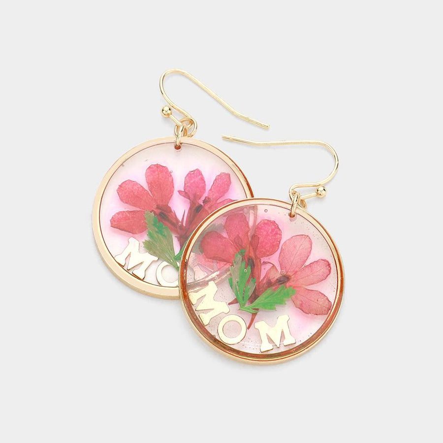 MOM Pressed Flower Earrings, Real Floral Lucite Dangles, Nature Jewelry, Round Dangle Earrings