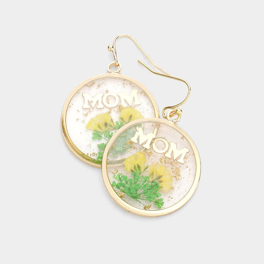 MOM Pressed Flower Earrings, Real Floral Lucite Dangles, Nature Jewelry, Round Dangle Earrings