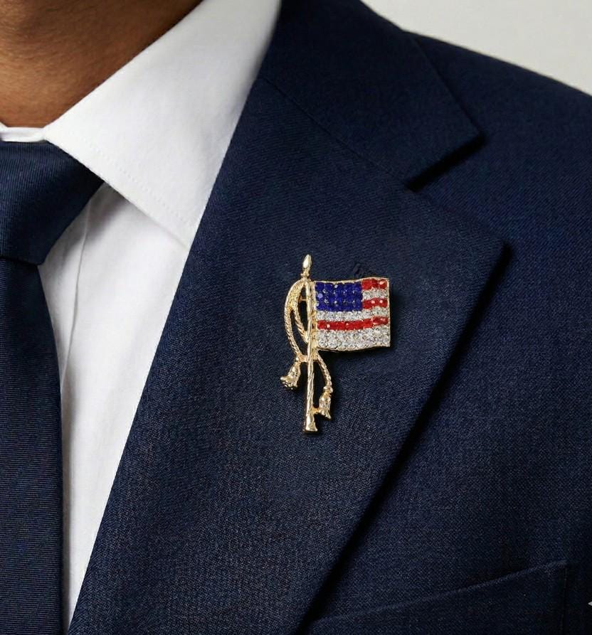 Crystal Pave American Flag Brooch Pin, Patriotic USA Lapel Accessory