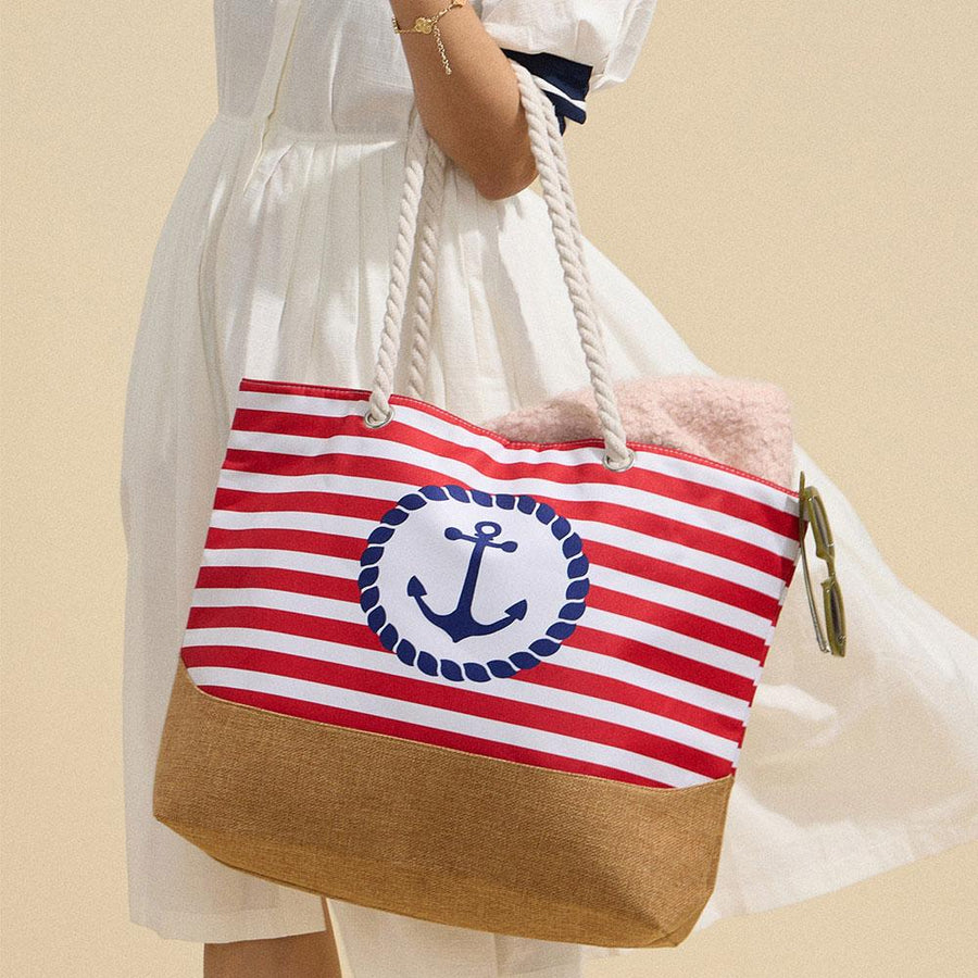 Anchor Striped Beach Tote, Rope Handle Shoulder bag, Large Summer Vacation Pool Bag