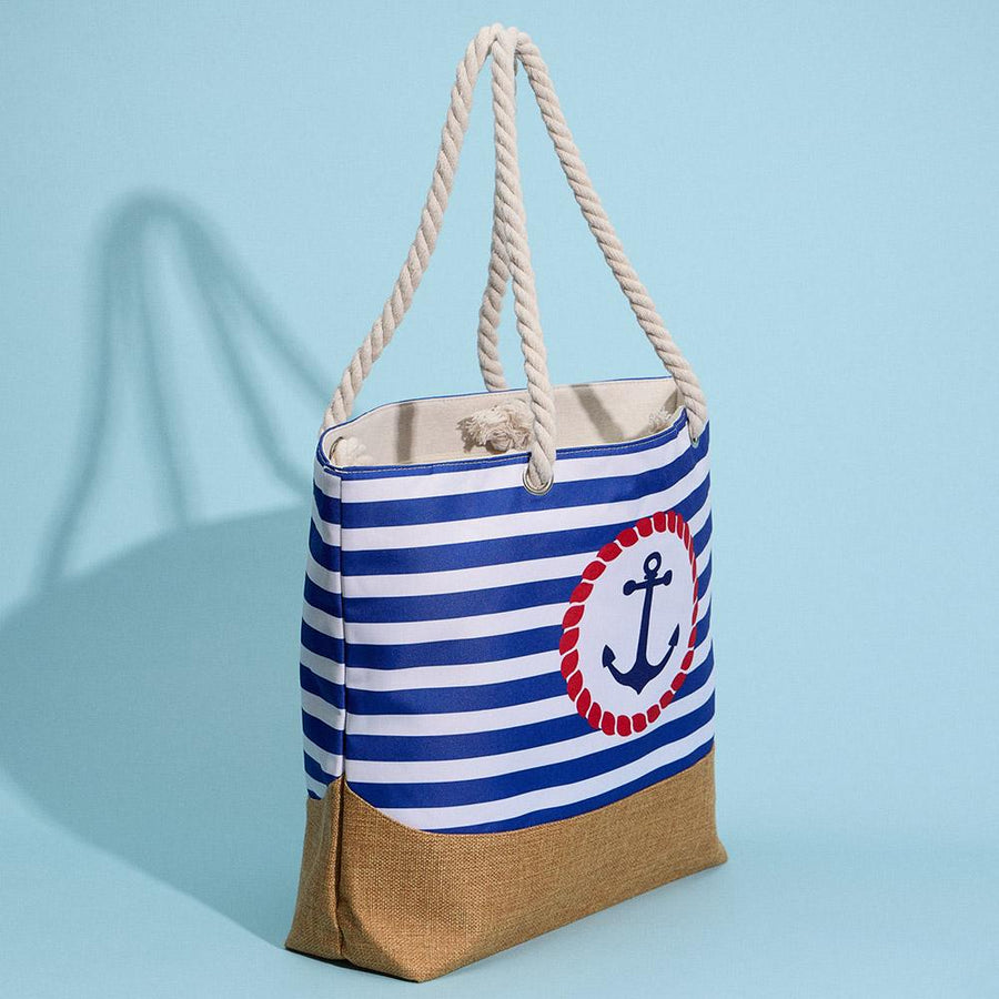 Anchor Striped Beach Tote, Rope Handle Shoulder bag, Large Summer Vacation Pool Bag