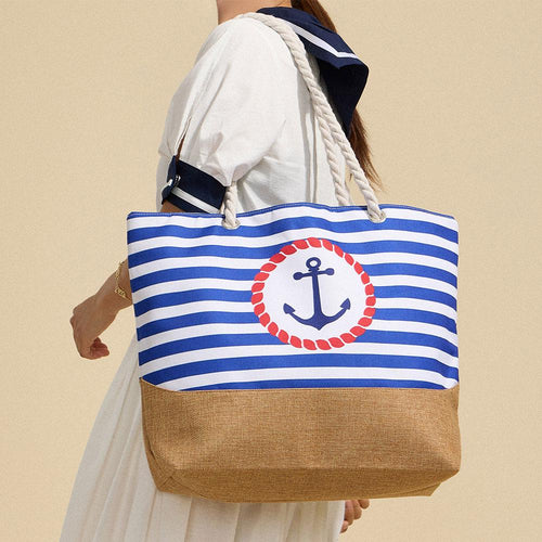 Anchor Striped Beach Tote, Rope Handle Shoulder bag, Large Summer Vacation Pool Bag
