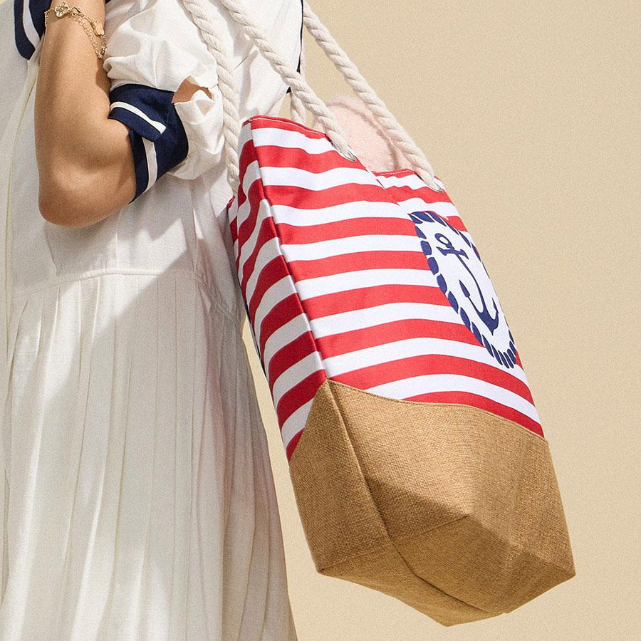 Anchor Striped Beach Tote, Rope Handle Shoulder bag, Large Summer Vacation Pool Bag