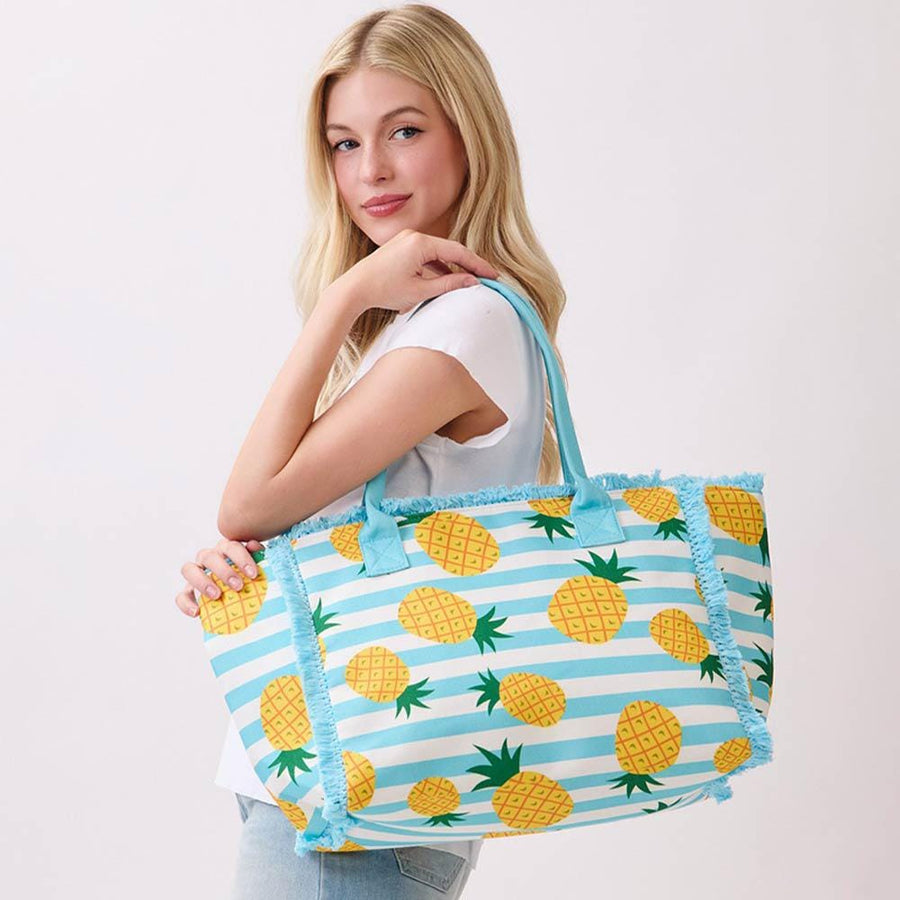 Striped Cherry Tote Bag, Large Boho Shoulder Bag, Summer Beach Travel Carryall