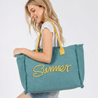 Embroidered Summer Canvas Tote Bag, Frayed Fringe Beach, Boho Shoulder Bag