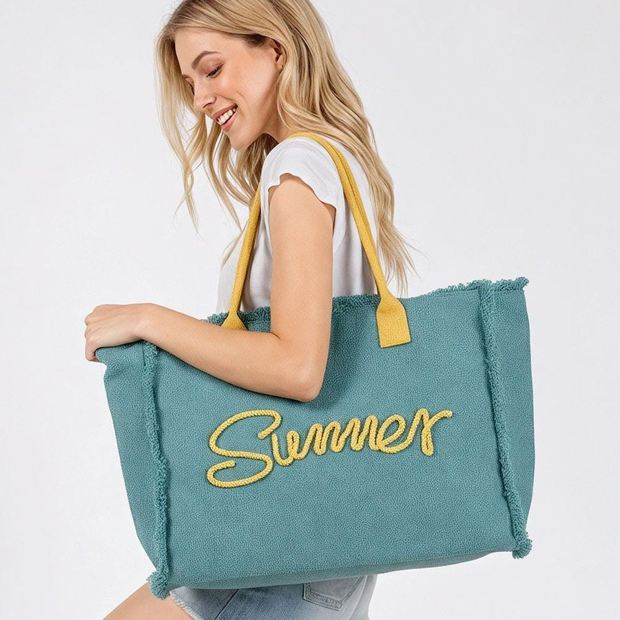 Embroidered Summer Canvas Tote Bag, Frayed Fringe Beach, Boho Shoulder Bag
