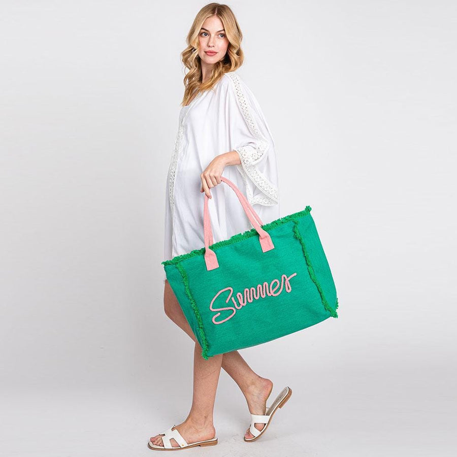 Embroidered Summer Canvas Tote Bag, Frayed Fringe Beach, Boho Shoulder Bag