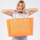 Embroidered Summer Canvas Tote Bag, Frayed Fringe Beach, Boho Shoulder Bag