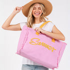Embroidered Summer Canvas Tote Bag, Frayed Fringe Beach, Boho Shoulder Bag