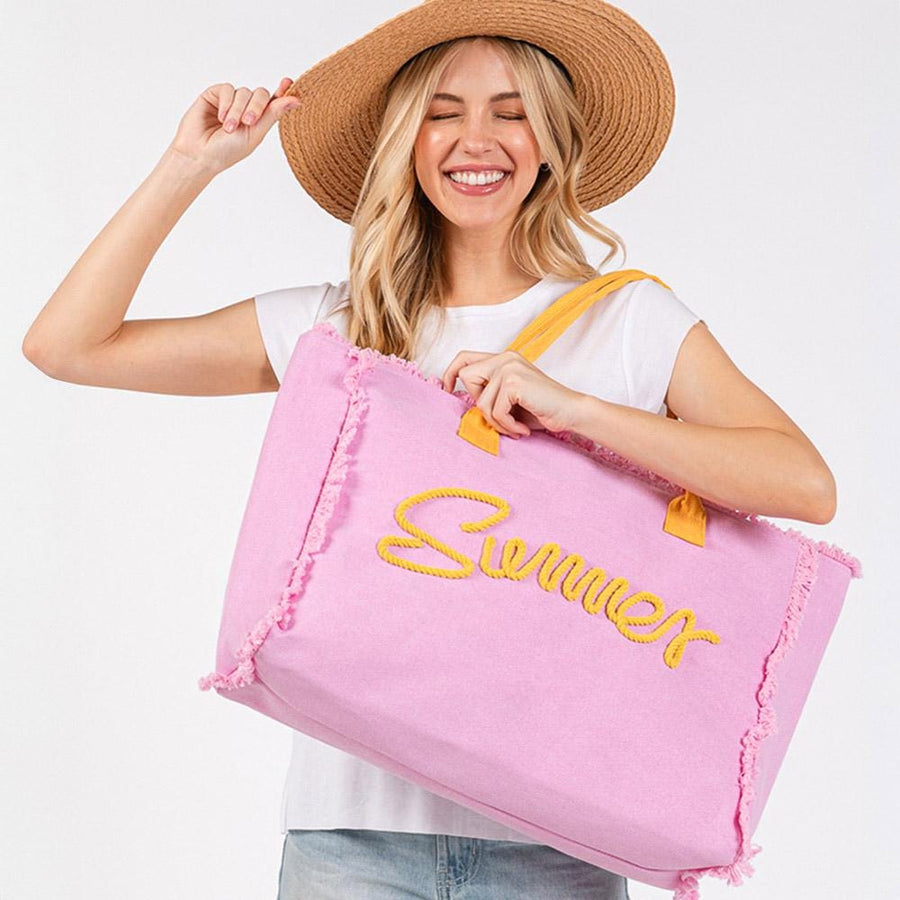 Embroidered Summer Canvas Tote Bag, Frayed Fringe Beach, Boho Shoulder Bag