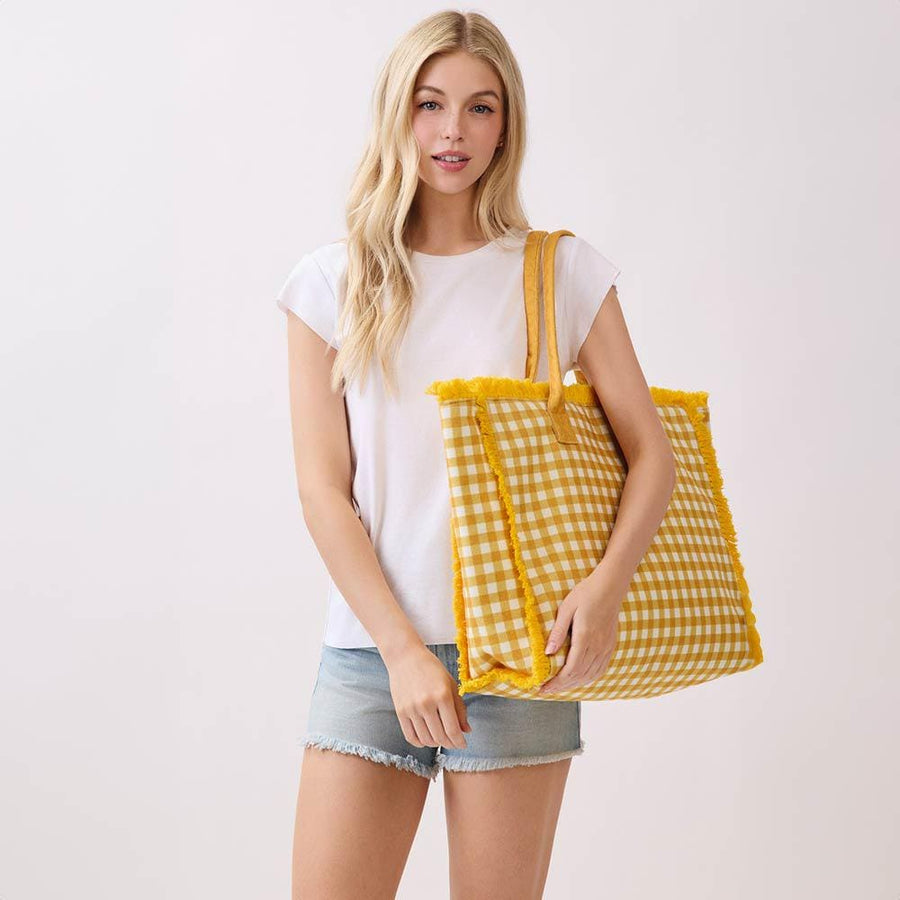 Gingham Terry Cloth Tote, Check Frayed Shoulder Bag, Beach Tote for Casual & Everyday Style
