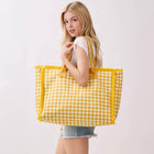 Gingham Terry Cloth Tote, Check Frayed Shoulder Bag, Beach Tote for Casual & Everyday Style
