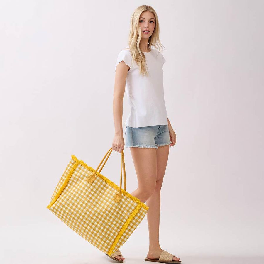 Gingham Terry Cloth Tote, Check Frayed Shoulder Bag, Beach Tote for Casual & Everyday Style