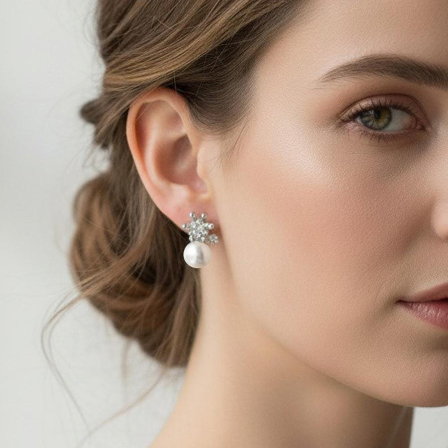 Gold Dipped CZ Crown Pearl Drop Stud Earrings, Bridal Pearl Earring, Dainty Elegant Studs