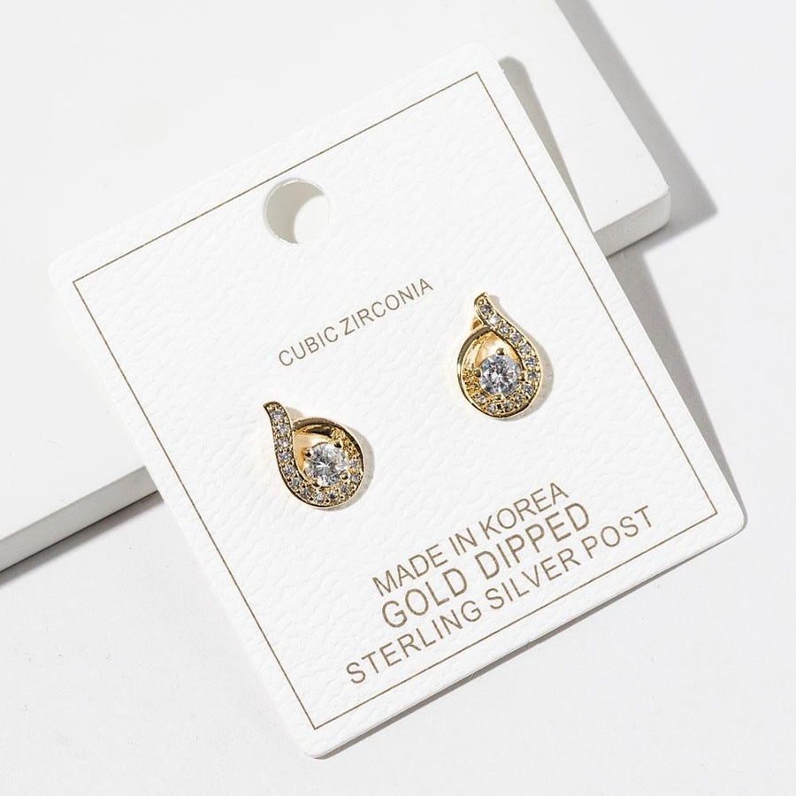 Gold Dipped CZ Halo Teardrop Stud Earrings, Bridal Wedding Sparkle Jewelry