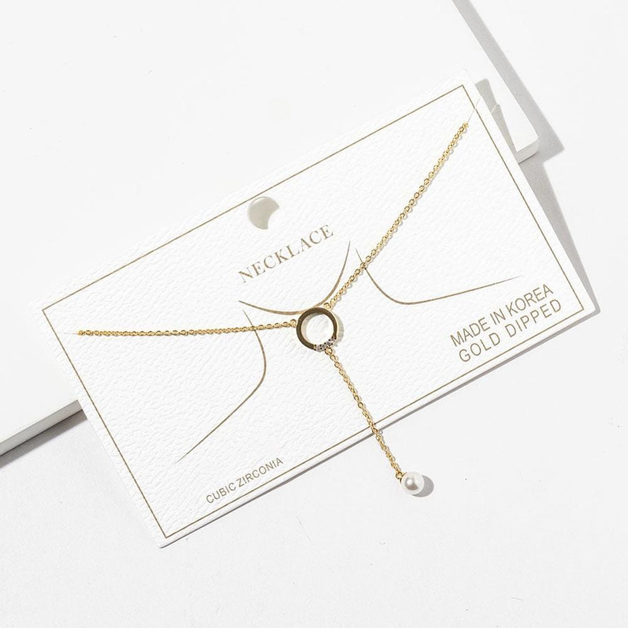 Gold Dipped CZ Pave Ring Pearl Drop Necklace, Minimalist Bridal Jewelry