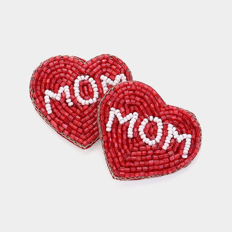 MOM Heart Beaded Earrings, Colorful Statement Jewelry, Felt Back Post Earrings