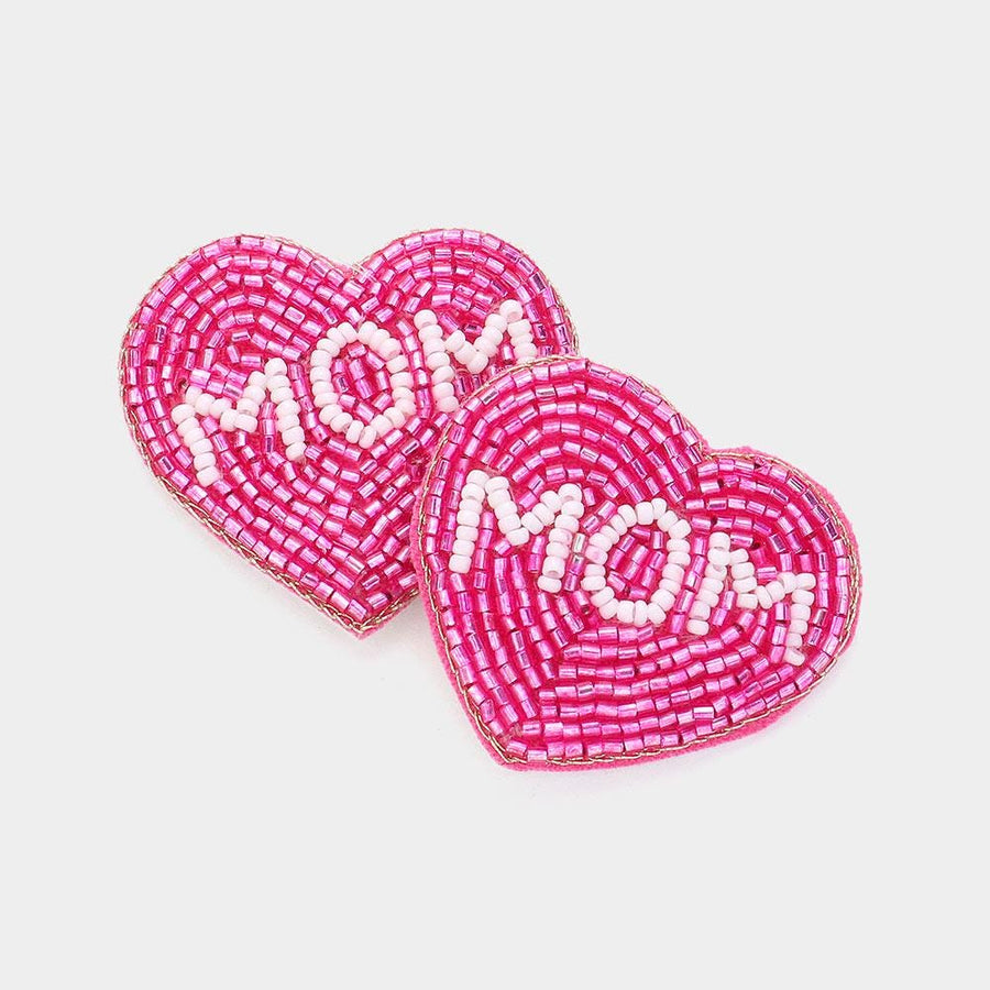 MOM Heart Beaded Earrings, Colorful Statement Jewelry, Felt Back Post Earrings