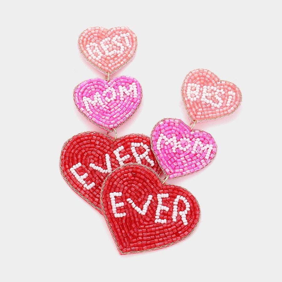 Triple Heart Beaded Drop Earrings, "Mom Ever" Statement Jewelry, Felt Back Dangle