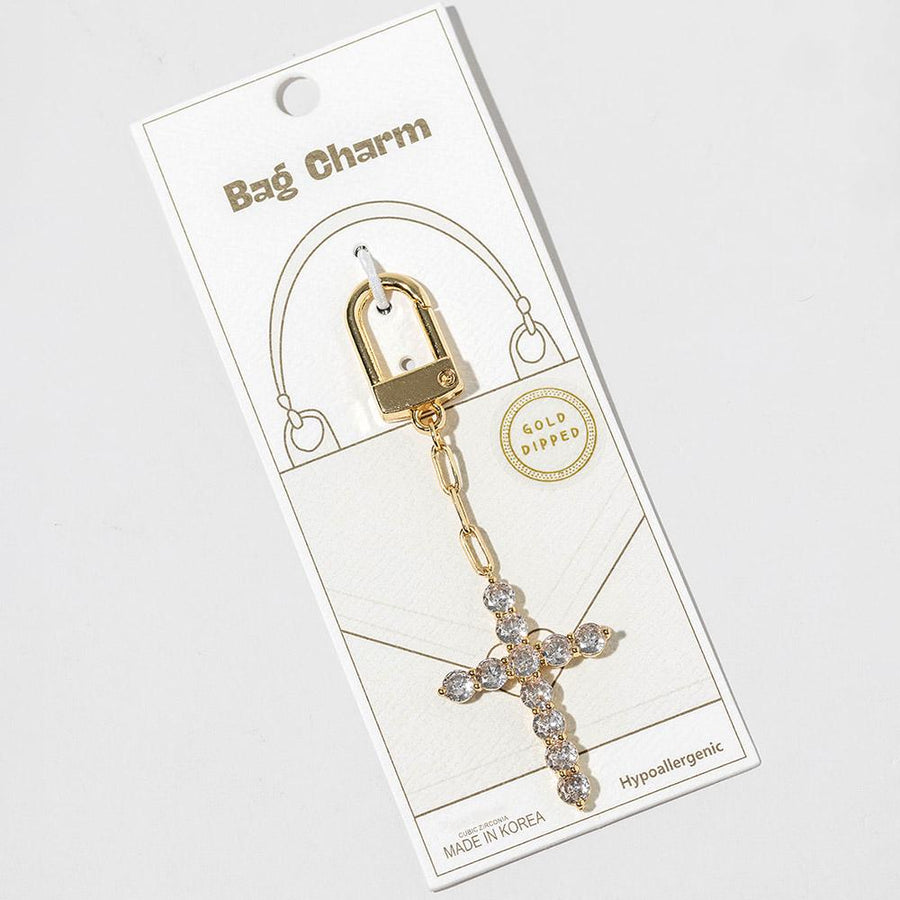 Gold Dipped CZ Cross Bag Charm Keychain, Faith Purse Accessory, Christian Gift