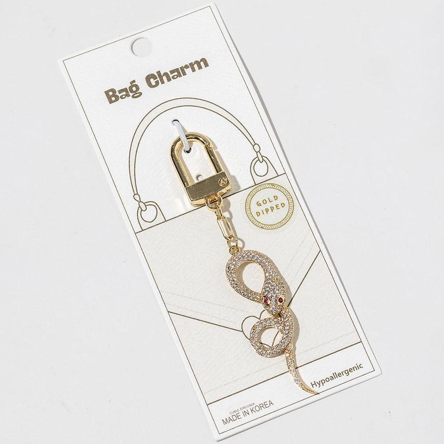 Gold Dipped CZ Pave Snake Keychain Bag Charm, Edgy Statement Accessory