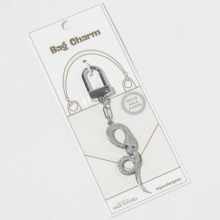 Gold Dipped CZ Pave Snake Keychain Bag Charm, Edgy Statement Accessory