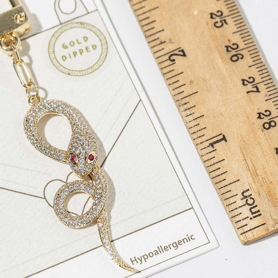 Gold Dipped CZ Pave Snake Keychain Bag Charm, Edgy Statement Accessory