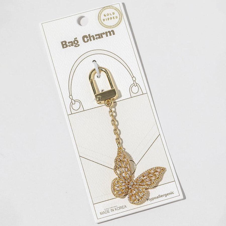 Gold Dipped CZ Pave Butterfly Keychain Bag Charm, Shimmering Crystal Accent Accessory
