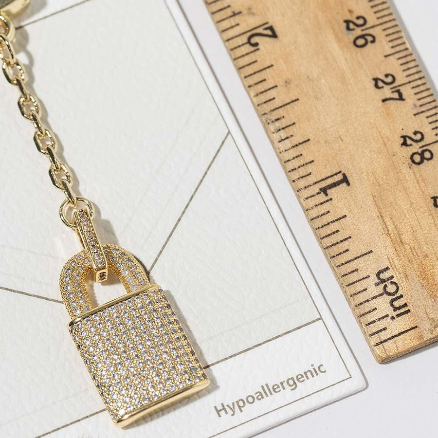 Gold Dipped Padlock Charm Keychain, Pave CZ Sparkle Lock Bag Accessory