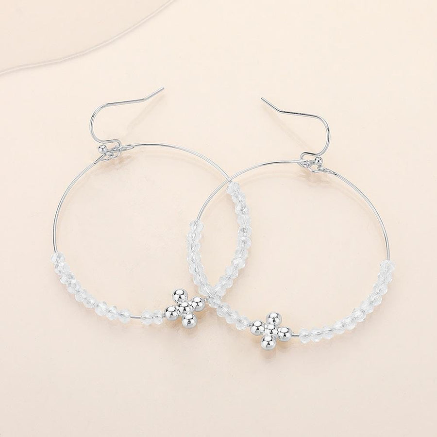 Metal Flower Beaded Hoop Earrings, Faceted Open Ring Dangle Jewelry