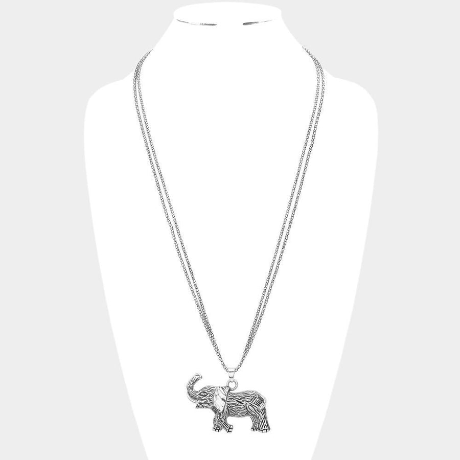 Textured Metal Elephant Pendant Double Chain Necklace, Boho Animal Statement Jewelry