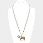 Textured Metal Elephant Pendant Double Chain Necklace, Boho Animal Statement Jewelry