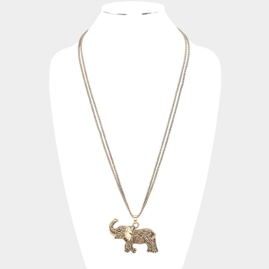 Textured Metal Elephant Pendant Double Chain Necklace, Boho Animal Statement Jewelry