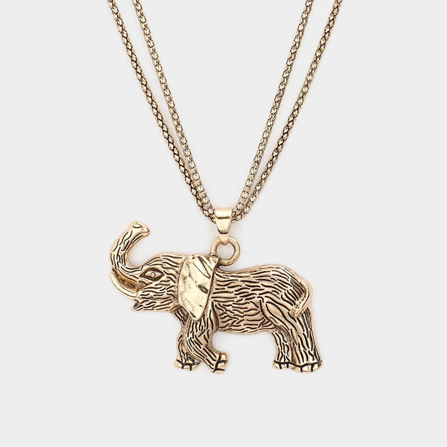 Textured Metal Elephant Pendant Double Chain Necklace, Boho Animal Statement Jewelry