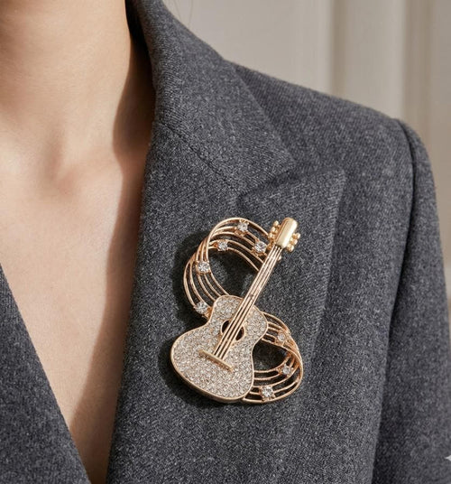 Gold Dipped Guitar Music Note Brooch, Sparkling Rhinestone Lapel Pin, Musician Accessory