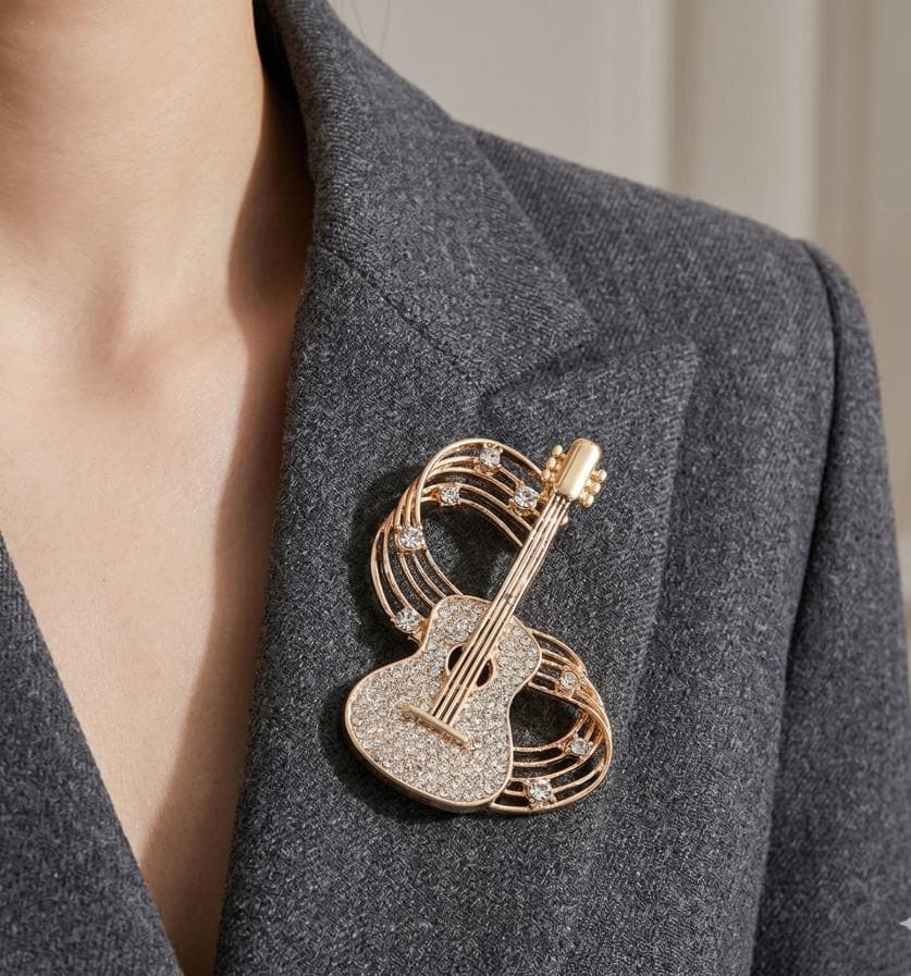 Gold Dipped Guitar Music Note Brooch, Sparkling Rhinestone Lapel Pin, Musician Accessory