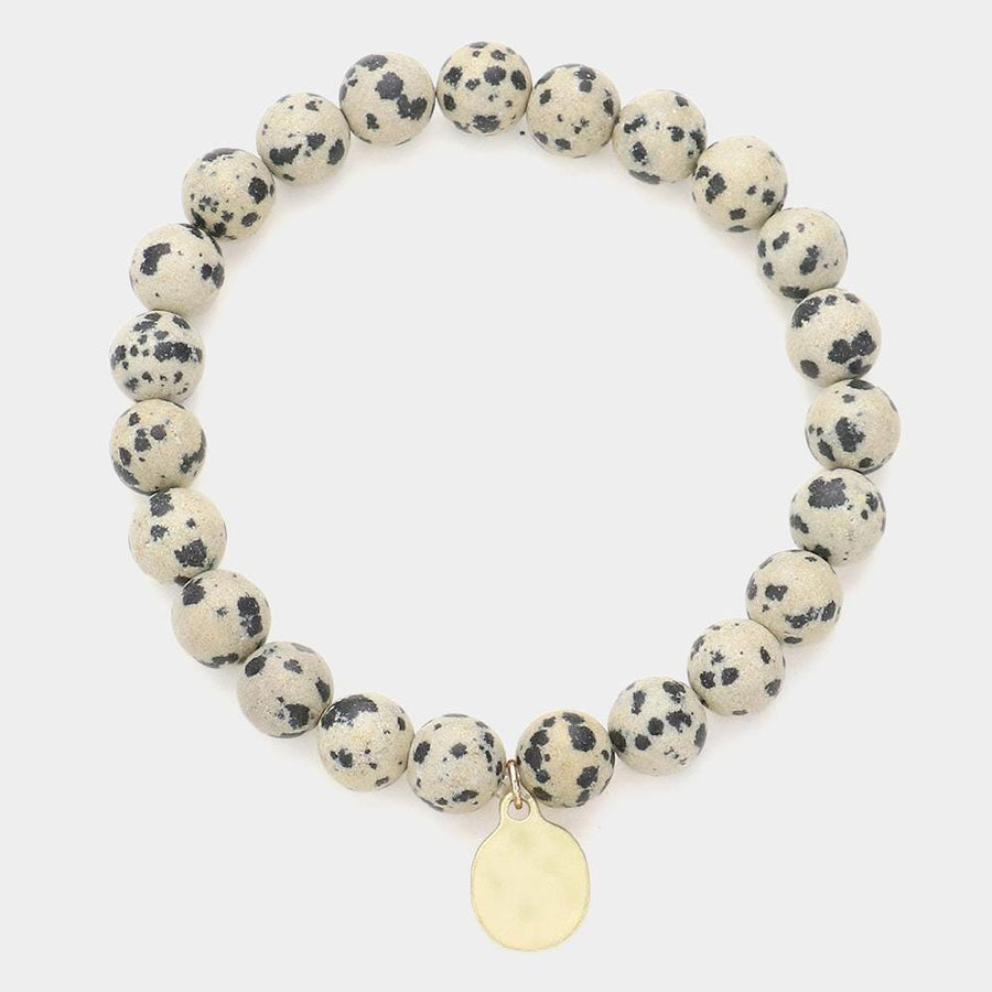 Natural Stone Hammered Metal Charm Stretch Bracelet, Boho Beaded Jewelry