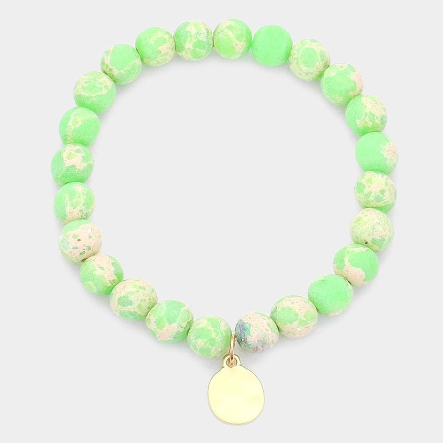 Natural Stone Hammered Metal Charm Stretch Bracelet, Boho Beaded Jewelry