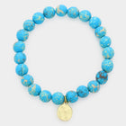 Natural Stone Hammered Metal Charm Stretch Bracelet, Boho Beaded Jewelry