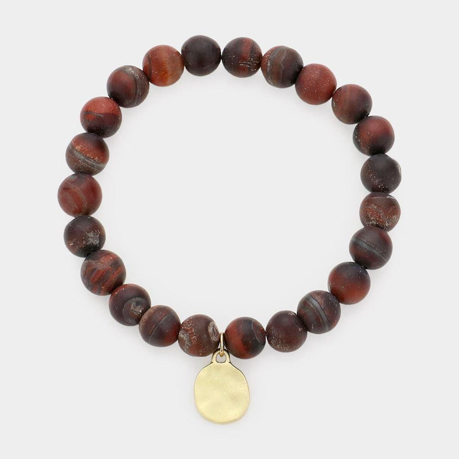 Natural Stone Hammered Metal Charm Stretch Bracelet, Boho Beaded Jewelry