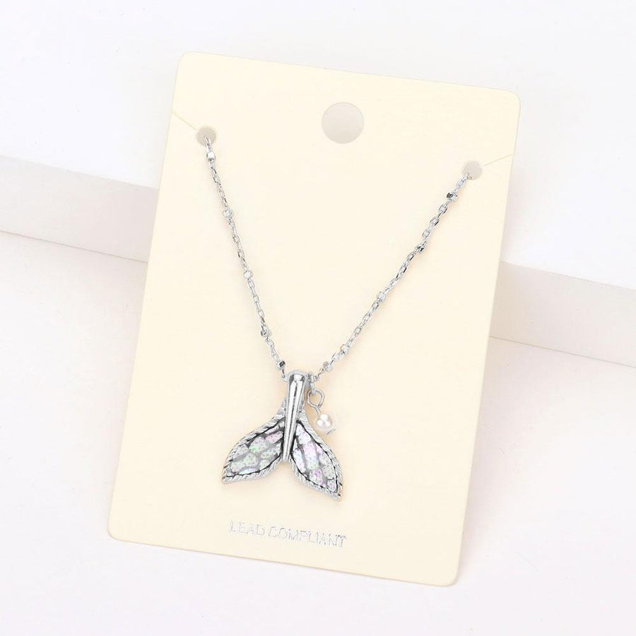 Patterned Whale Tail Pearl Pendant Necklace, Ocean Lover Coastal Jewelry