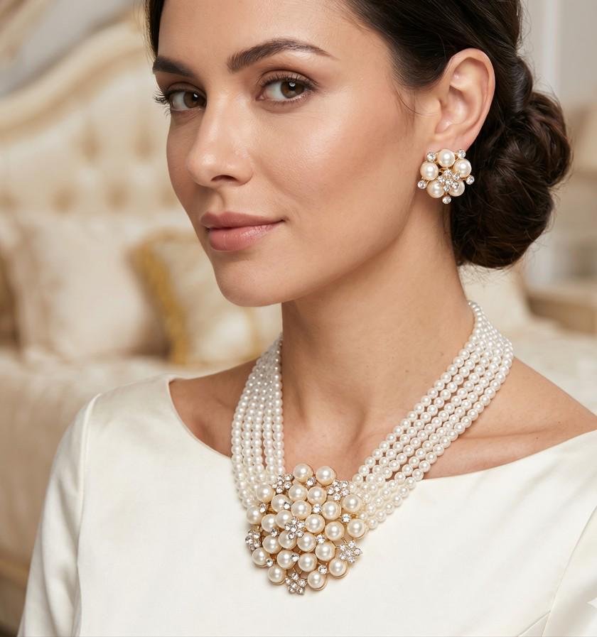 Pearl Cluster Flower Jewelry Set, Necklace, Clip On Earrings, Bridal Floral Pearls