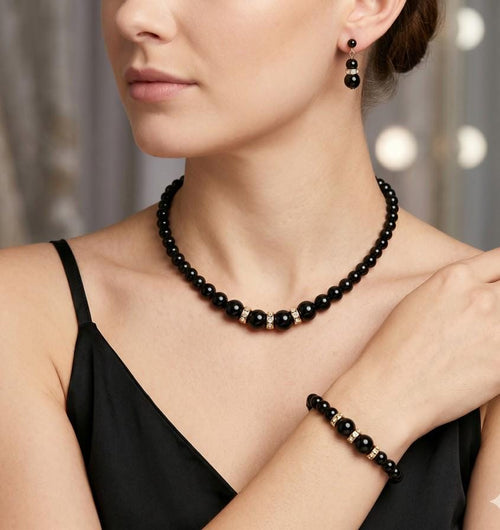 3 PCS Crystal Detail Pearl Jewelry Set, Necklace Earrings Bracelet, Elegant Bridal Wedding Gift