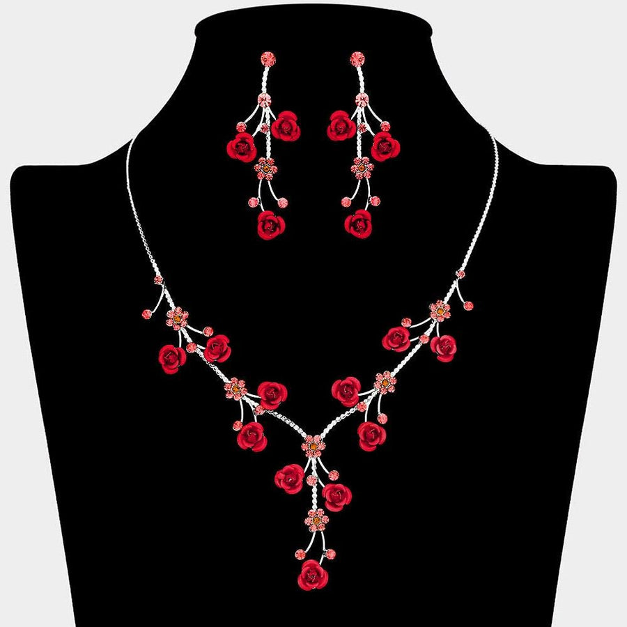Rhinestone Rose Flower Vine Necklace Set, Elegant Crystal Bridal Jewelry