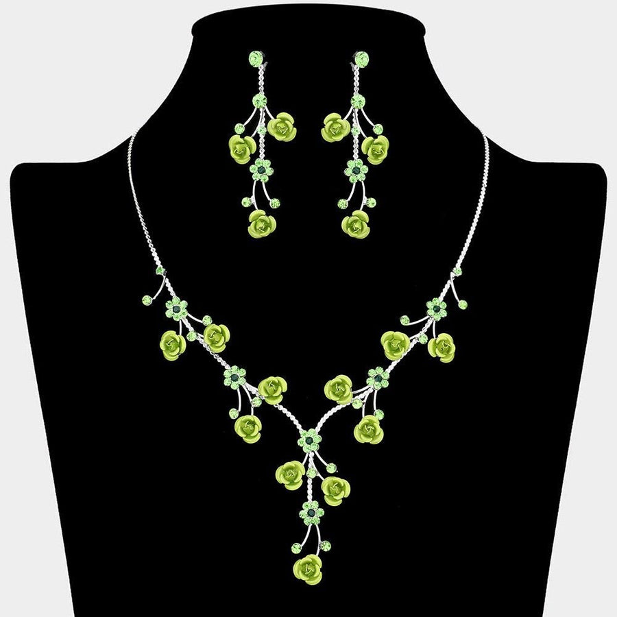Rhinestone Rose Flower Vine Necklace Set, Elegant Crystal Bridal Jewelry